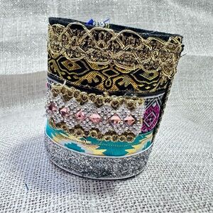 OOAK Wide Cuff Bracelet Fabric Bohemian Multicolor Embellished Handmade Artisan